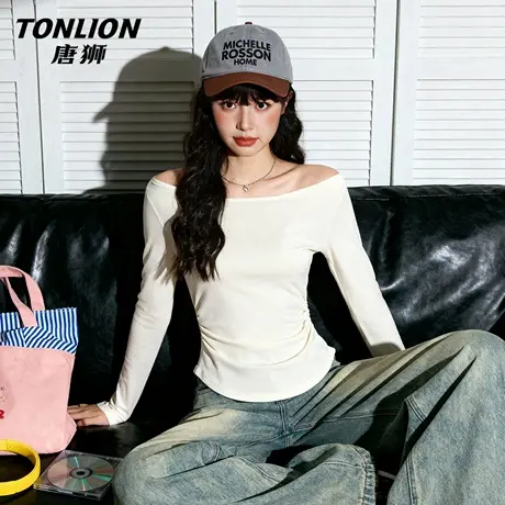 唐狮官方露肩长袖t恤女2026新款春季一字肩内搭打底衫纯欲上衣VC图片