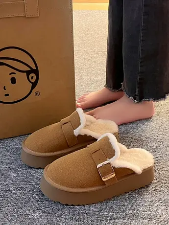 厚底包头半拖鞋女外穿时尚冬季加绒博肯懒人2023新款毛毛棉拖居家图片