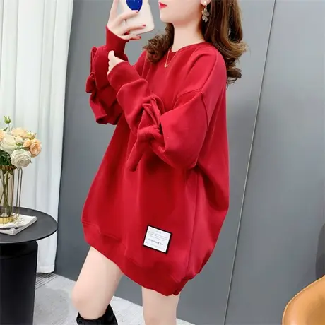 设计感加绒加厚圆领卫衣女秋冬2022年新款宽松中长款洋气减龄上衣商品大图