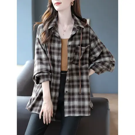 宝诗黎连帽拼接中长格子衬衫长袖薄外套2023早秋新款棉质宽松上衣商品大图