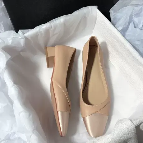 3cm 拼色 气质绝绝子 早秋优雅淑女风真皮拼接缎面中粗跟浅口单鞋商品大图