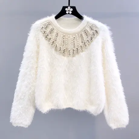 重工钉珠流苏水貂绒毛衣女秋冬2023新款宽松设计感洋气针织衫上衣图片