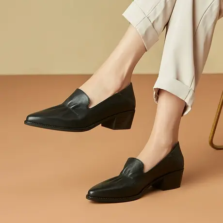 一脚蹬乐福鞋新款气质通勤百搭粗跟尖头小皮鞋超软羊皮中跟懒人鞋商品大图