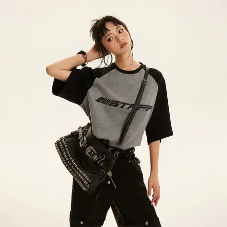 复古拼接短袖t恤女2023年新款夏装宽松潮牌插肩袖上衣百搭ins半袖商品大图