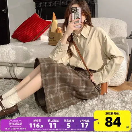 唐狮2023秋冬新款格子毛呢半身裙女复古美拉德长裙高腰显瘦a字裙图片