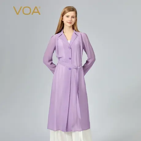 VOA乔其纱桑蚕丝桔梗紫西装领单排扣长袖腰间系带微透纯真丝外套商品大图