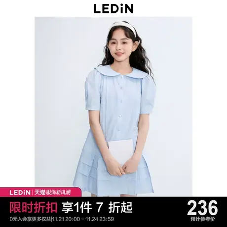 乐町甜美娃娃领衬衫裙2023年夏季新款女装显瘦遮肉A摆短袖连衣裙图片