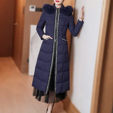 羽绒服女中长款2023新款冬季气质时尚修身收腰蓝色白鸭绒外套加厚图片