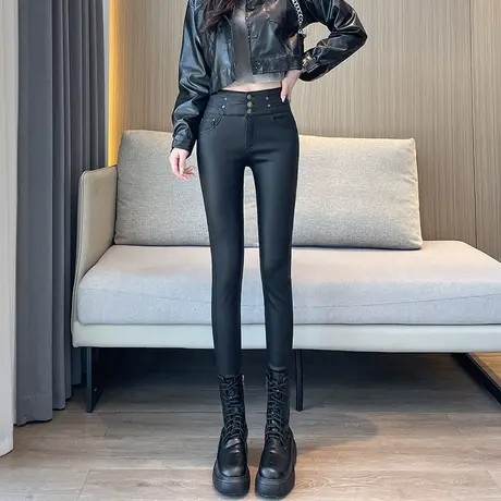 外穿哑光打底皮裤女冬季新款高腰显瘦加绒加厚弹力紧身小脚铅笔裤图片