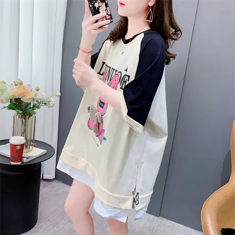 设计感拼色短袖t恤女夏季2023新款宽松洋气减龄蝴蝶结假两件上衣商品大图