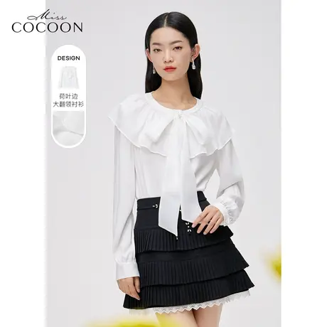 MISSCOCOON法式白衬衫女2023新款春季系带荷叶边设计感娃娃领上衣图片