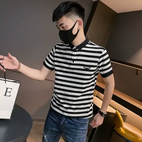夏季男士polo衫t恤短袖翻领修身半袖刺绣百搭ins学生潮流条纹体恤商品大图