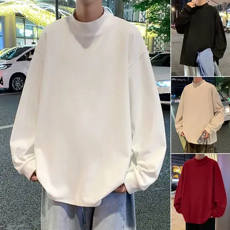 德绒针织衫男春秋季内搭港风ins潮牌打底衫纯色半高领长袖t恤重磅商品大图