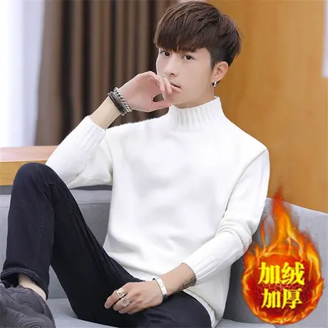 冬季半高领毛衣男士加厚韩版修身黑色中领加绒打底针织衫线衣男装商品大图