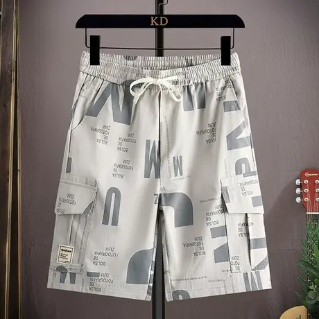 工装短裤男夏季冰丝宽松运动五分中裤潮流印花沙滩裤子男士休闲裤商品大图