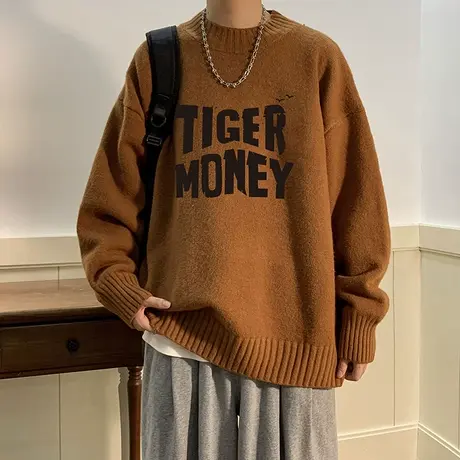 国潮圆领毛衣男oversize情侣宽松美式春秋季长袖针织衫港风线衣服商品大图