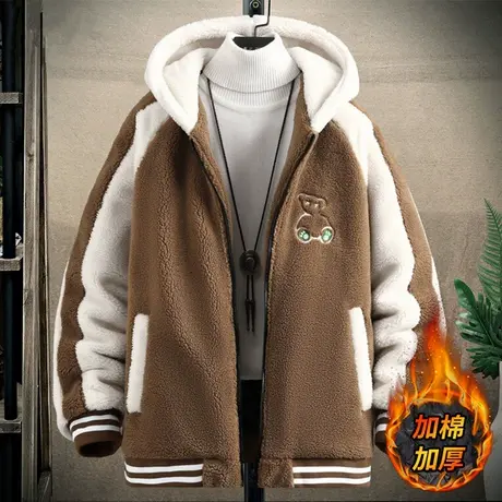 羊羔绒外套男冬季休闲时尚连帽棉服男款加厚颗粒绒棉衣青少年棉袄商品大图