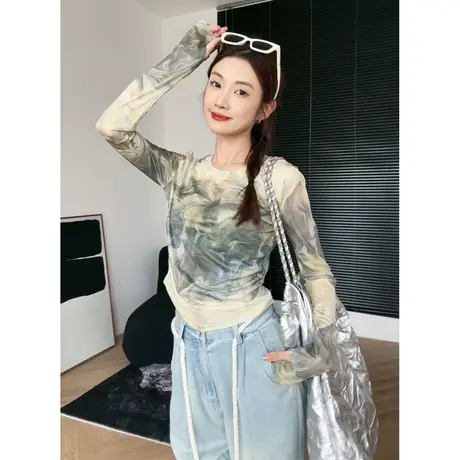 尔给轻薄小个子小众防晒衫女长袖设计感修身扎染网纱短款上衣夏季图片