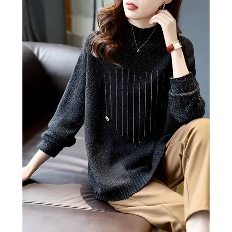 宝诗黎半高领亮丝慵懒毛衣女装2024春季新款时尚蝙蝠袖宽松针织衫商品大图