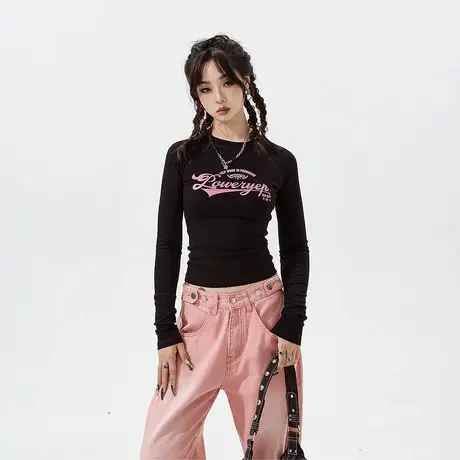 YEP复古紧身短款长袖t恤女2024新款春秋美式潮牌辣妹风内搭打底衫图片