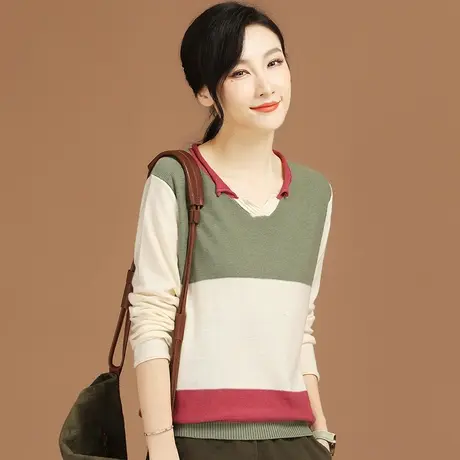 韩潮袭人复古撞色条纹长袖针织衫女2024新款春季宽松休闲套头毛衣图片