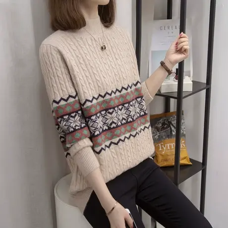 半高领麻花毛衣女加厚打底衫2023秋冬新款宽松外穿针织衫内搭上衣商品大图