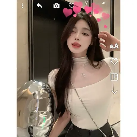 纯欲风T恤女设计感小众春夏网纱拼接打底衫辣妹紧身性感短袖上衣商品大图