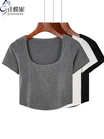 春夏韩版纯白修身短款U领双层面料短袖上衣内搭打底女装高腰T恤商品大图