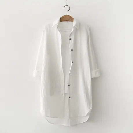 2018春新款BF风文艺长袖衬衣大码宽松纯白色中长款棉衬衫裙女外套商品大图