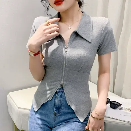2024夏季新款拉链开叉T恤女短袖设计感翻领上衣高腰紧身短款小衫图片