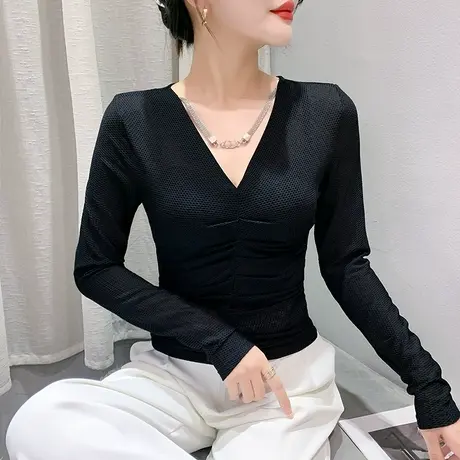 欧货性感V领打底衫女长袖早秋新款内搭网纱上衣时尚修身设计感T恤图片