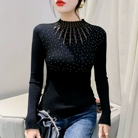 秋季新款2024套头针织衫欧货钉珠烫钻拼接上衣洋气修身减龄打底衫图片
