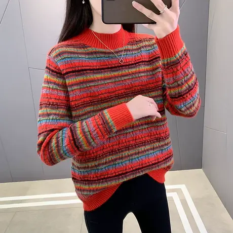 半高领秋冬女毛衣条纹针织衫洋气时尚内搭2023新款宽松女上衣秋冬商品大图