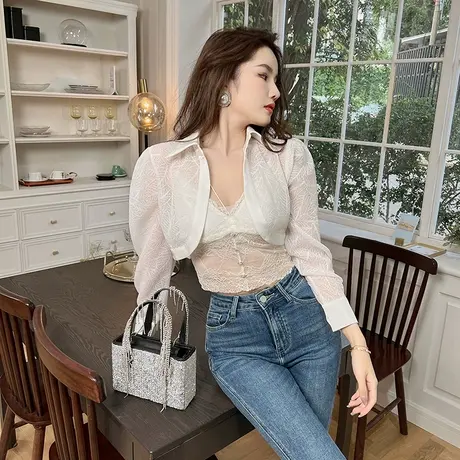 时尚百搭开衫小披肩夏季新款蕾丝Polo领气质修身薄款防晒短外套女图片