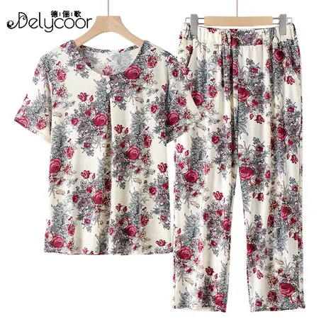 中老年女装妈妈夏款冰丝时尚休闲短袖套装奶奶老人夏天睡衣两件套商品大图