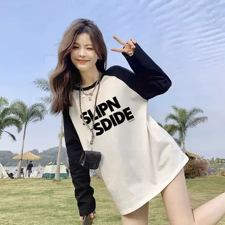 黑白撞色长袖t恤女2023春季插肩袖宽松纯棉百搭中长款打底衫上衣商品大图