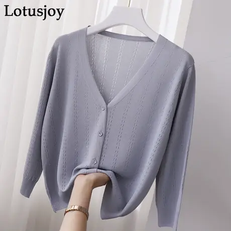 针织开衫女春夏新款镂空薄款2023冰丝七分袖时尚外搭V领百搭上衣图片