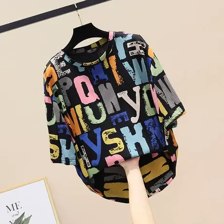 欧洲站2023夏季新款韩版时尚个性字母涂鸦印花宽松休闲百搭T恤女商品大图