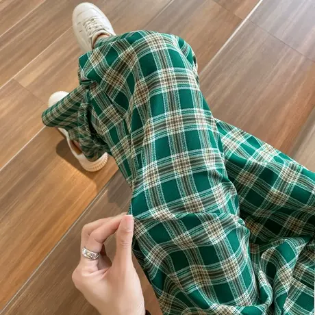 绿色格子阔腿裤女夏季薄款高腰垂感直筒裤子宽松显瘦休闲直筒长裤商品大图