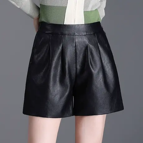 黑色PU皮短裤女秋季2023新款高腰显瘦阔腿裤时尚百搭休闲皮裤靴裤图片