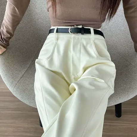 白色高级感pu皮西装裤女秋冬季2024新款高腰显瘦窄版直筒阔腿皮裤图片