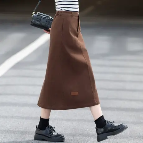 日系文艺咖啡色半身裙女2024新款秋冬季a字半裙长裙焦糖棕牛仔裙图片
