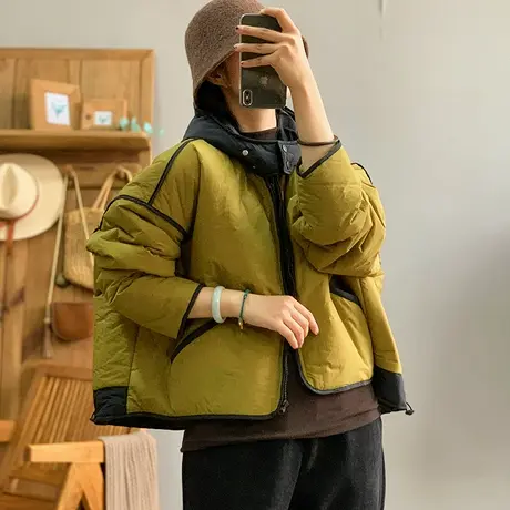 dza 复古短款拼接连帽棉衣外套女士冬季新款宽松棉服上衣保暖棉袄图片