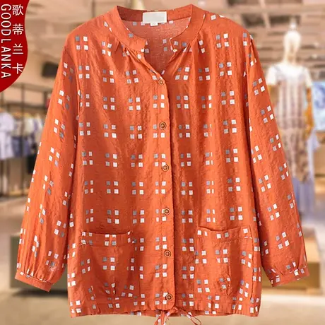 中年40岁妈妈秋装格子小衫上衣洋气中老年女装加肥加大码棉麻衬衫商品大图