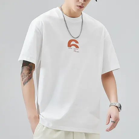 夏季白色全棉圆领短袖t恤衫男士半截袖短t休闲夏装无领上衣服男装图片