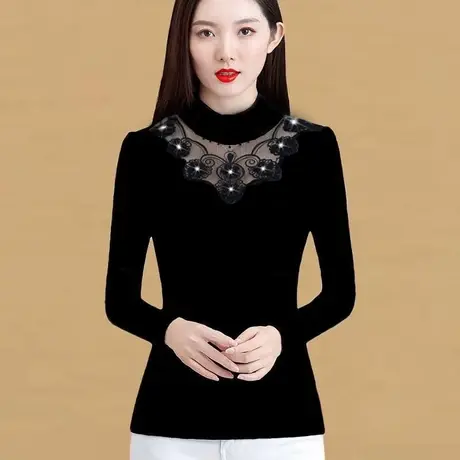 半高领蕾丝打底衫新款春秋时尚洋气小衫妈妈显瘦加绒加厚上衣图片