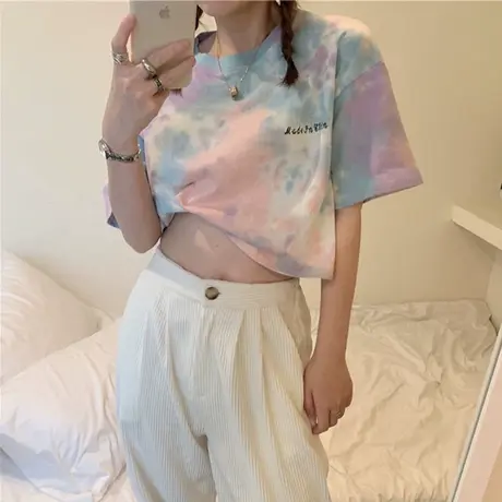 2024年新款扎染纯棉短袖t恤女夏季韩版宽松露脐短款半袖上衣ins潮商品大图