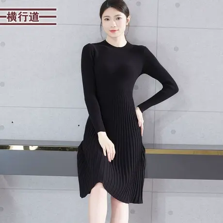 2024新款春季A字裙黑色针织妈妈长袖连衣裙女中长款大码韩版伞裙图片
