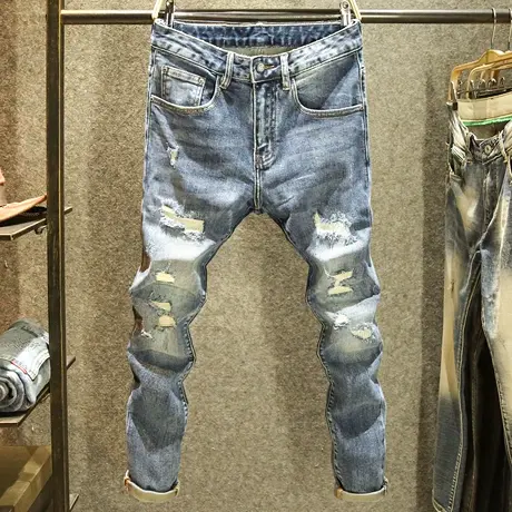 2024春季新款破洞牛仔裤男款潮牌修身小脚裤高街vibe磨破补丁裤子商品大图
