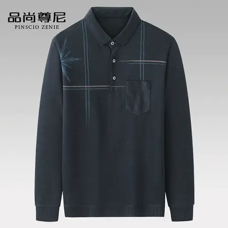 中老年人秋装男爷爷装简约印花翻领长袖t恤大码宽松爸爸秋季上衣商品大图